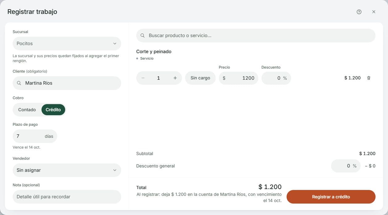 Registrar trabajo de corte y peinado para Martina Ríos en Pocitos: Crédito a siete días, total de $1.200 y Registrar a crédito.