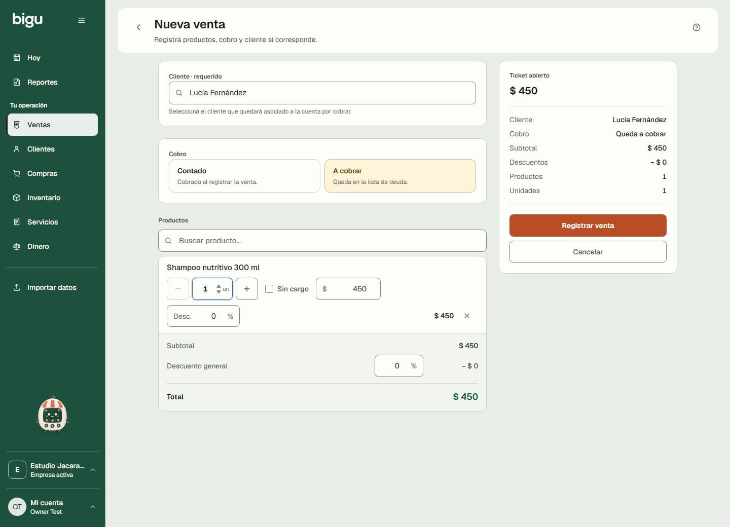 Nueva venta con cliente, productos y condición A cobrar antes de confirmar.