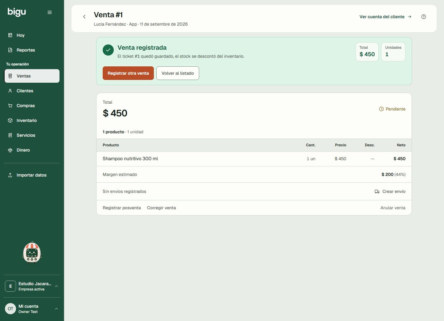 Detalle de una venta registrada con total, cobro y acciones de seguimiento.